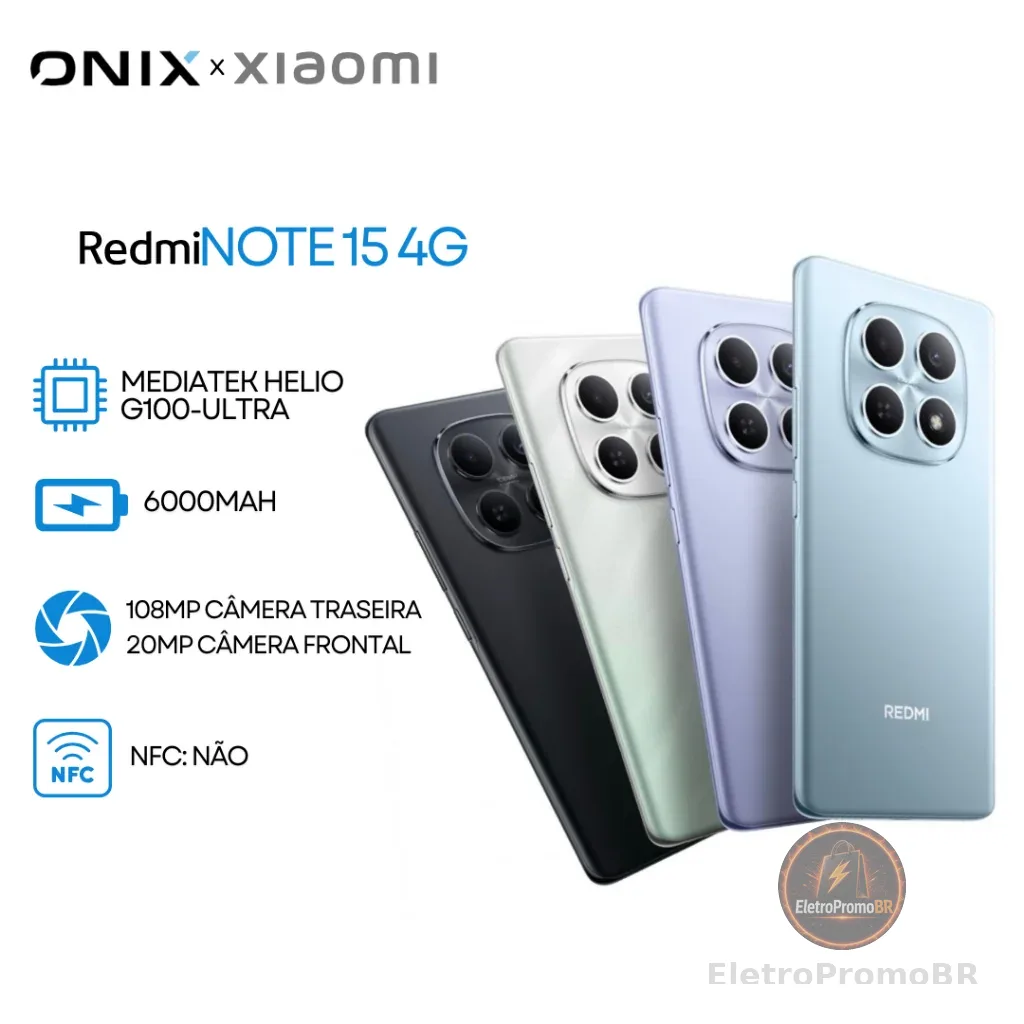 Xiaomi Redmi Note 15 4G, Processador Mediatek Hélio G100-Ultra, Bateria 6000mAh, 128/6GB RAM- 256/8GB RAM