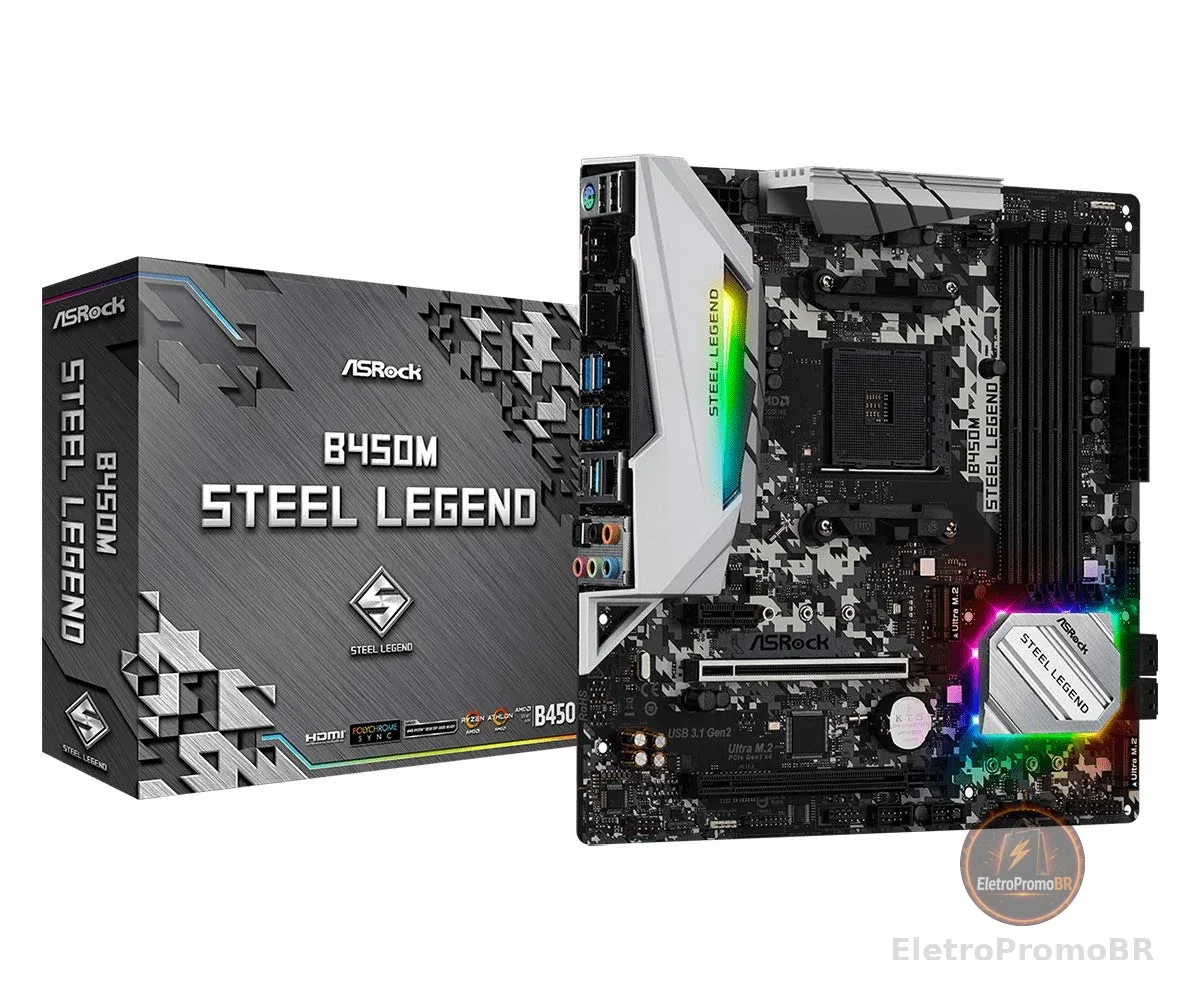 Placa Mãe AM4/USB 3.1/Type-C/Displayport, HDMI, ASRock, B450M Steel Legend