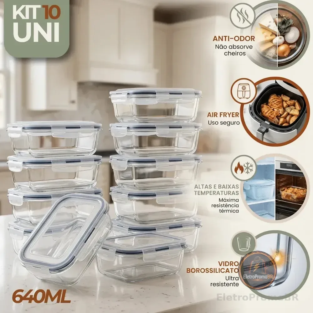 Kit 10 Pote De Vidro Marmita Hermético 640ml Freezer Fitness Rishon