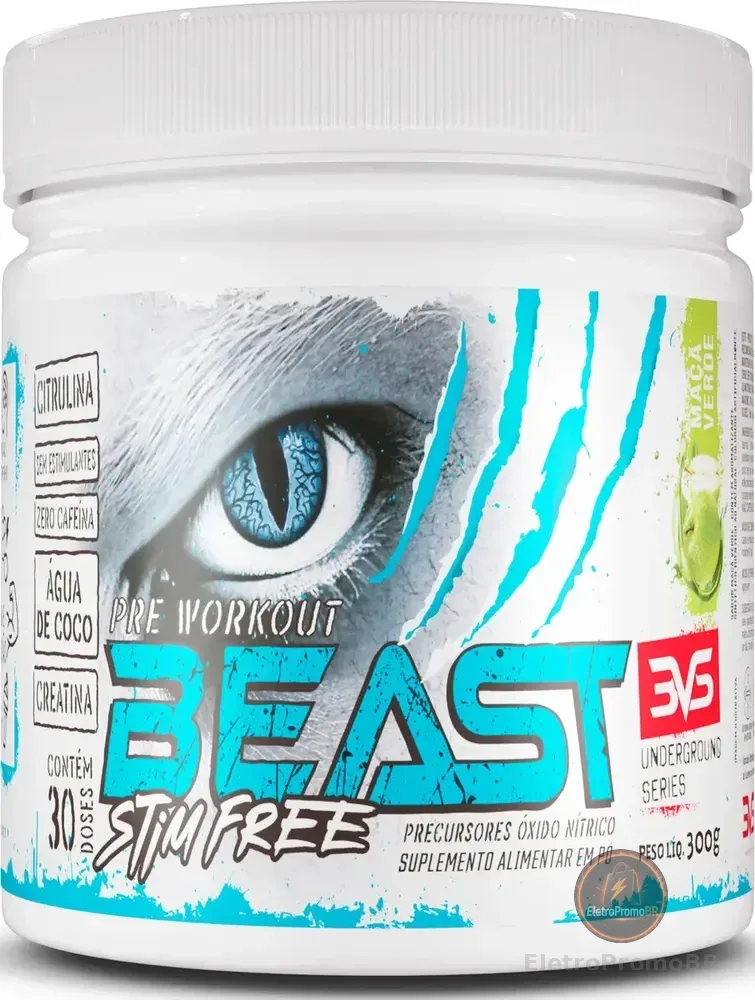 PRÉ TREINO SEM CAFEÍNA BEAST 300g - Sabor Maçã Verde - Fórmula Exclusiva com Citrulina, Beta Alanina, Creatina, Água de Coco, Arginina, Taurina e Tirosina