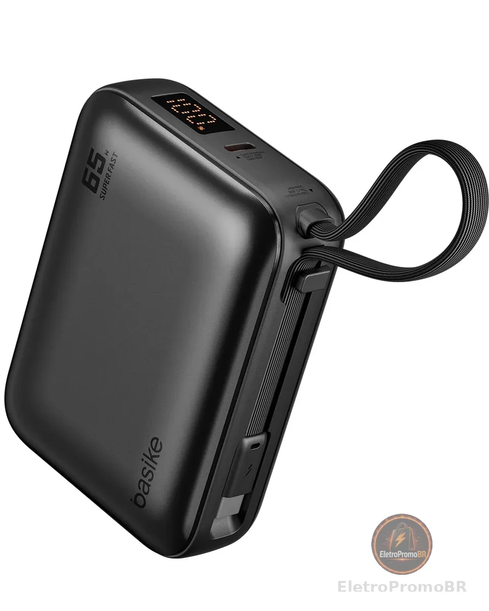 Basike Power Bank 65W, Carregador Portátil Universal 20000mAh (Cinza) | USB-C + Cabo Type-C Integrado e Removível, Carregamento Rápido PD/PPS para Samsung Séries S26-S21 e iPhone Séries 17-14