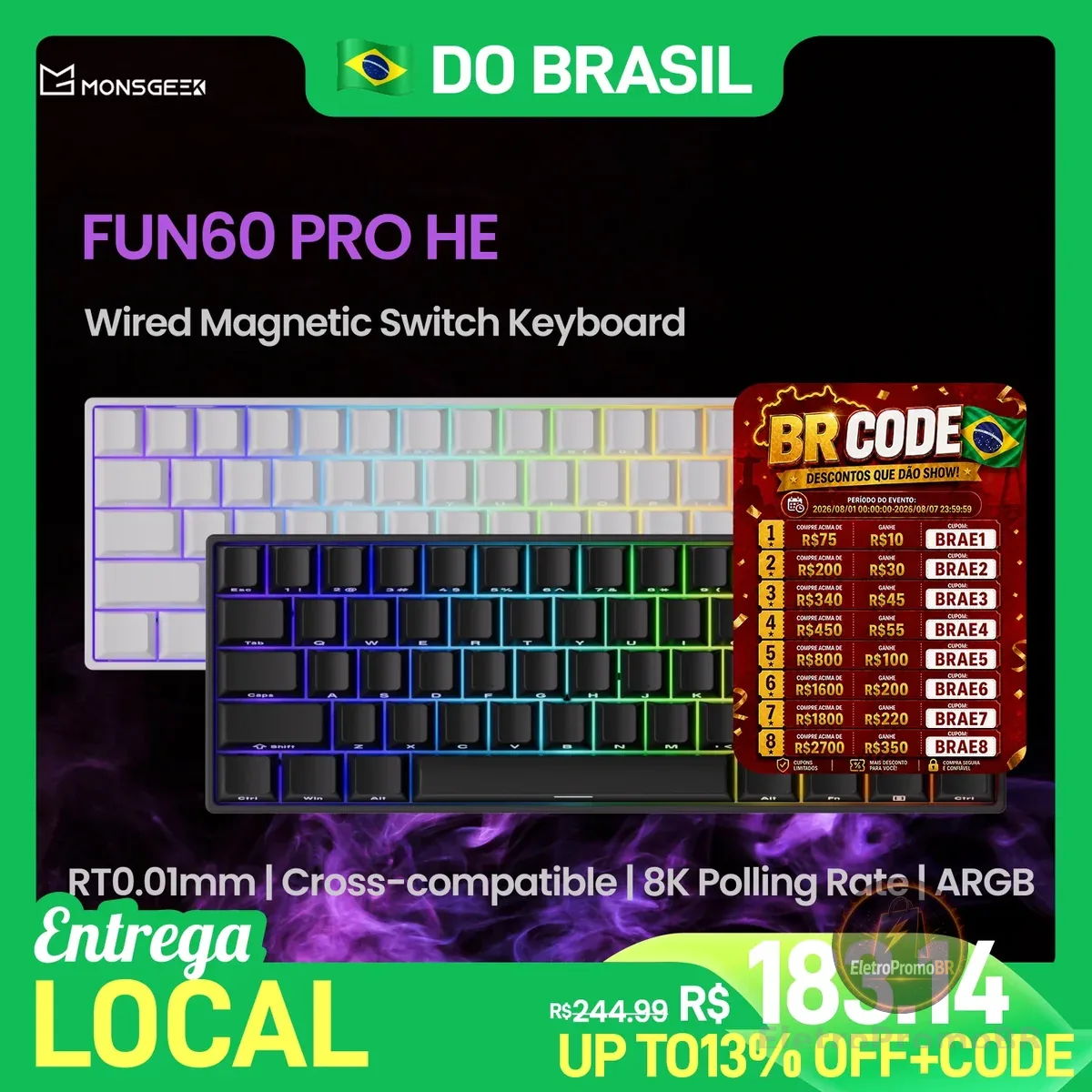 MonsGeek FUN60 PRO HE Teclado Mecânico 60% Interruptor Magnético Gatilho Rápido 0.01mm 8K Taxa de Orolling Teclado para Jogos com Fio