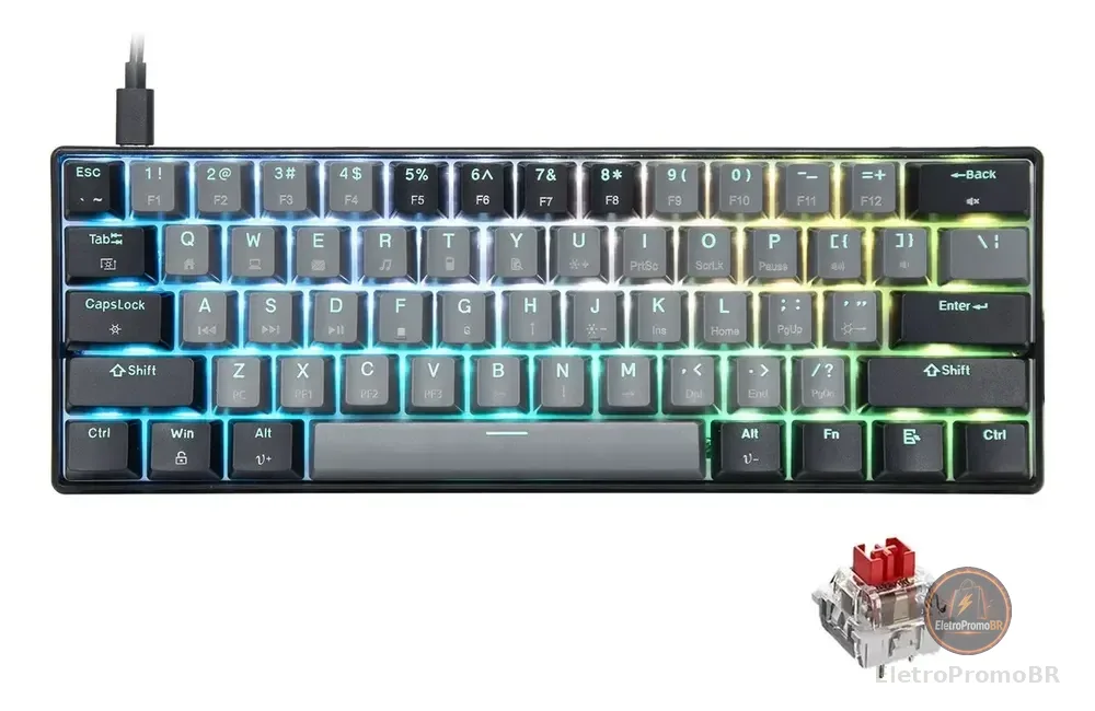 Teclado Mecânico Gamer 60% Com Hotswap Rgb E Switches Vermelhos Usb-c Layout Us