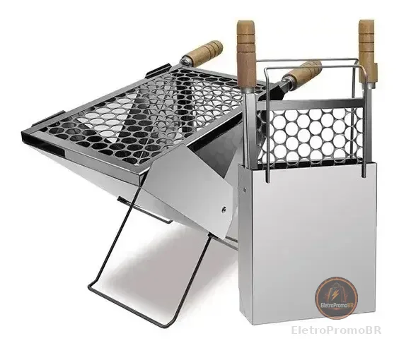 Churrasqueira Maleta Inox 1 Grelha Camping  Pesca Portátil Prateado