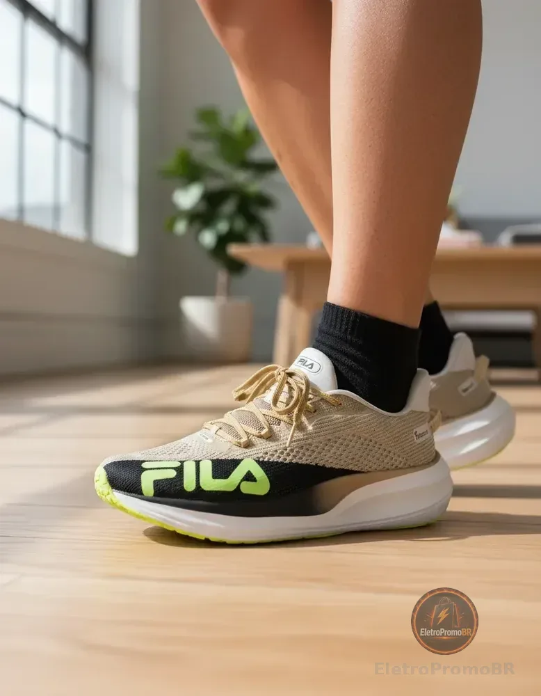 Tenis Feminino Fila Racer Speedzone Corrida Amortecimento Dourado Preto Verde Limão Padrão 37