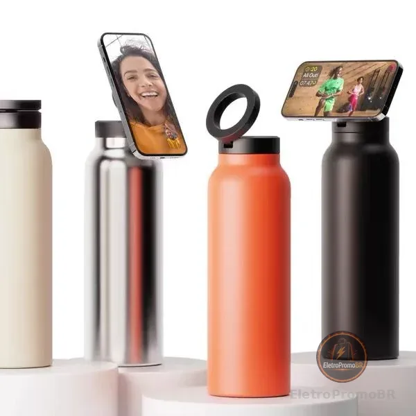 Garrafa Térmica Magsafe 950ml/750ml Imã Tripé Pra Celular Academia Vlog Gravar Treino Garrafinha com anel de ferro