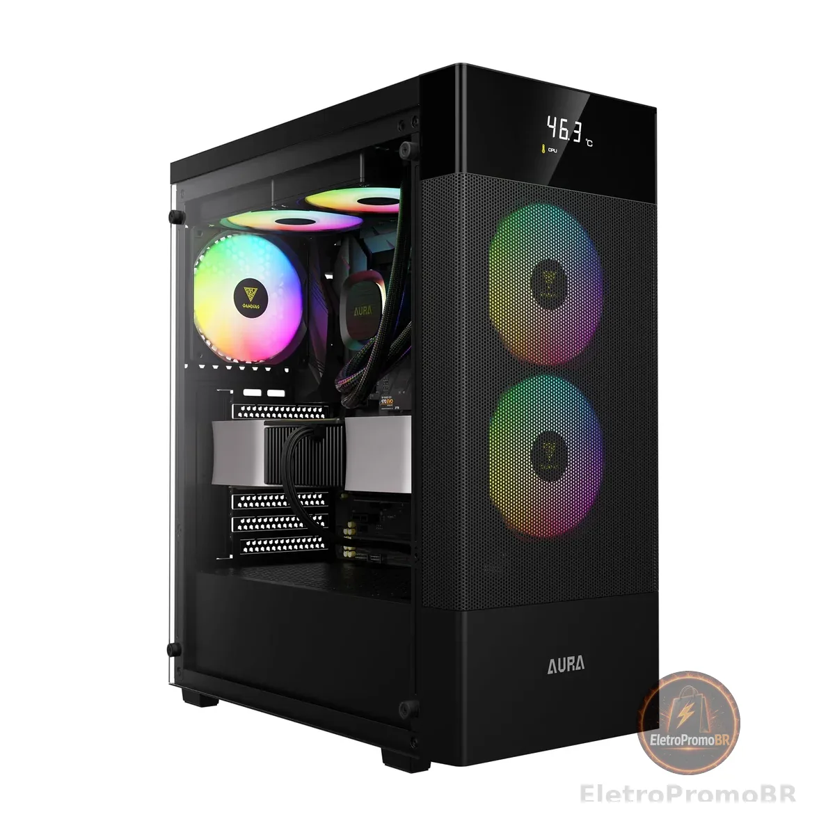 Gabinete Gamer Gamdias Aura GC5 Elite Preto ARGB com 3 Fans