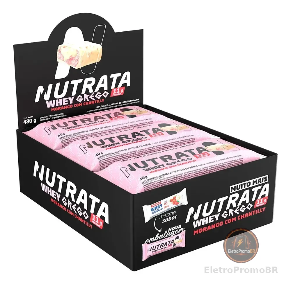 Display C/ 12 Whey Grego Bar Morango Com Chantilly 40g - Nutrata Morango
