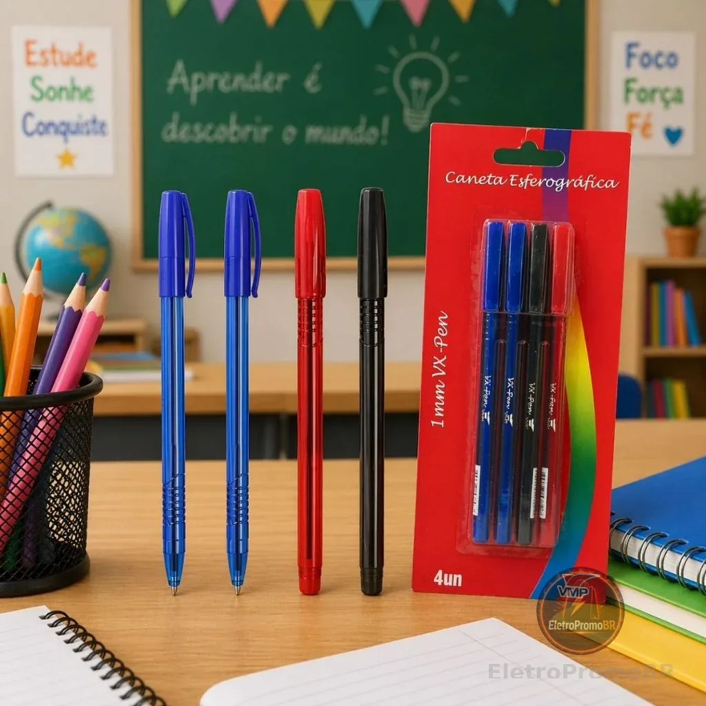 Kit 4 Canetas Esferográficas 1.0mm Sortidas Azul Preta Vermelha Escolar Vx- Pen Vmp