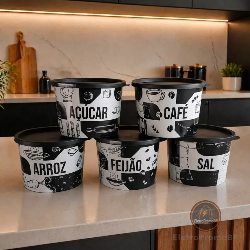 Kit Porta Mantimentos 5 Peças  Redondo Com Decoração 1,5 Lt Preto