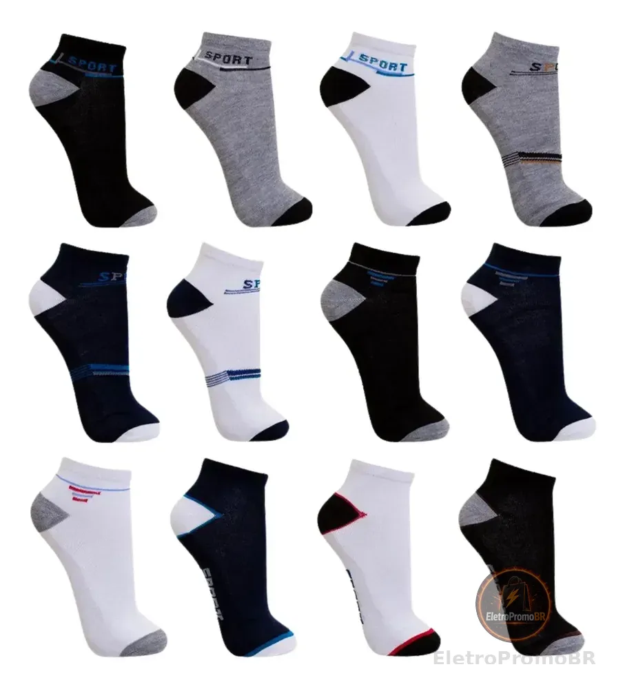 Kit 12 Pares Meia Masculino Cano Curto Soquete Varias Cores Sortidas Liso Único
