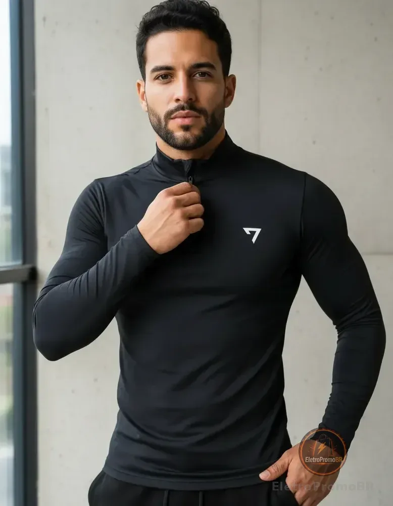 Camisa Térmica Masculina Segunda Pele Manga Longa Com Zíper Preto M