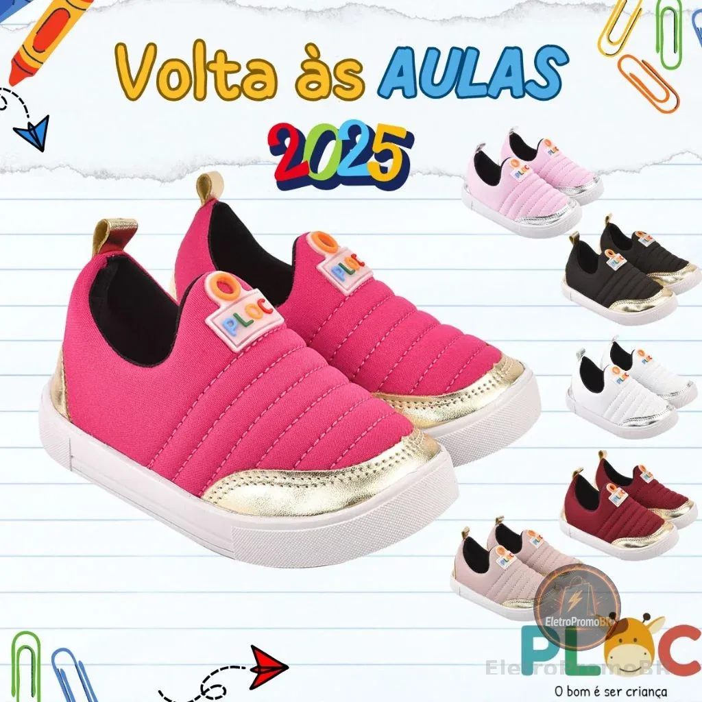 Tênis Ploc Street Calce Fácil Slip On Flat Anatômico Pink com Dourado infantil