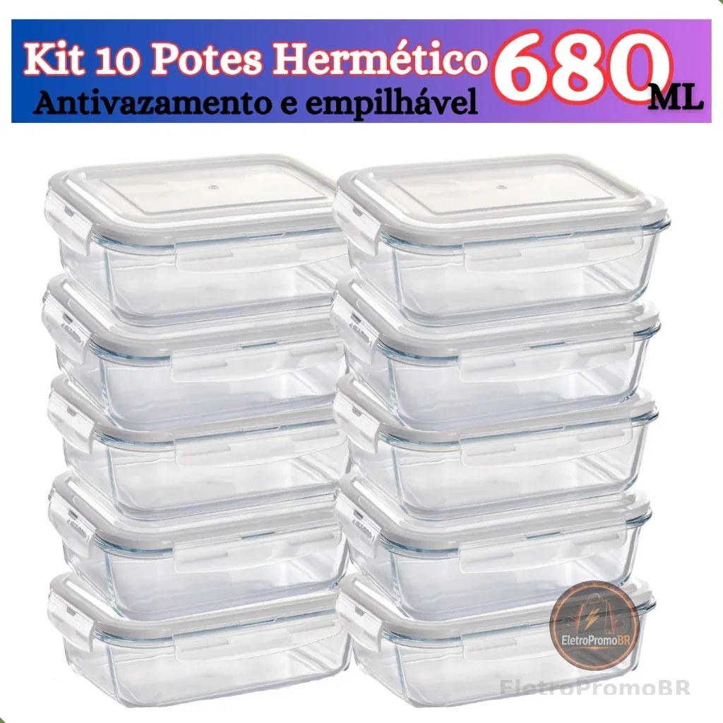 Kit de 6 até 12 Potes de Vidro 640ml - 370 ml Hermético Marmita Fit com Tampa 4 Travas Premium