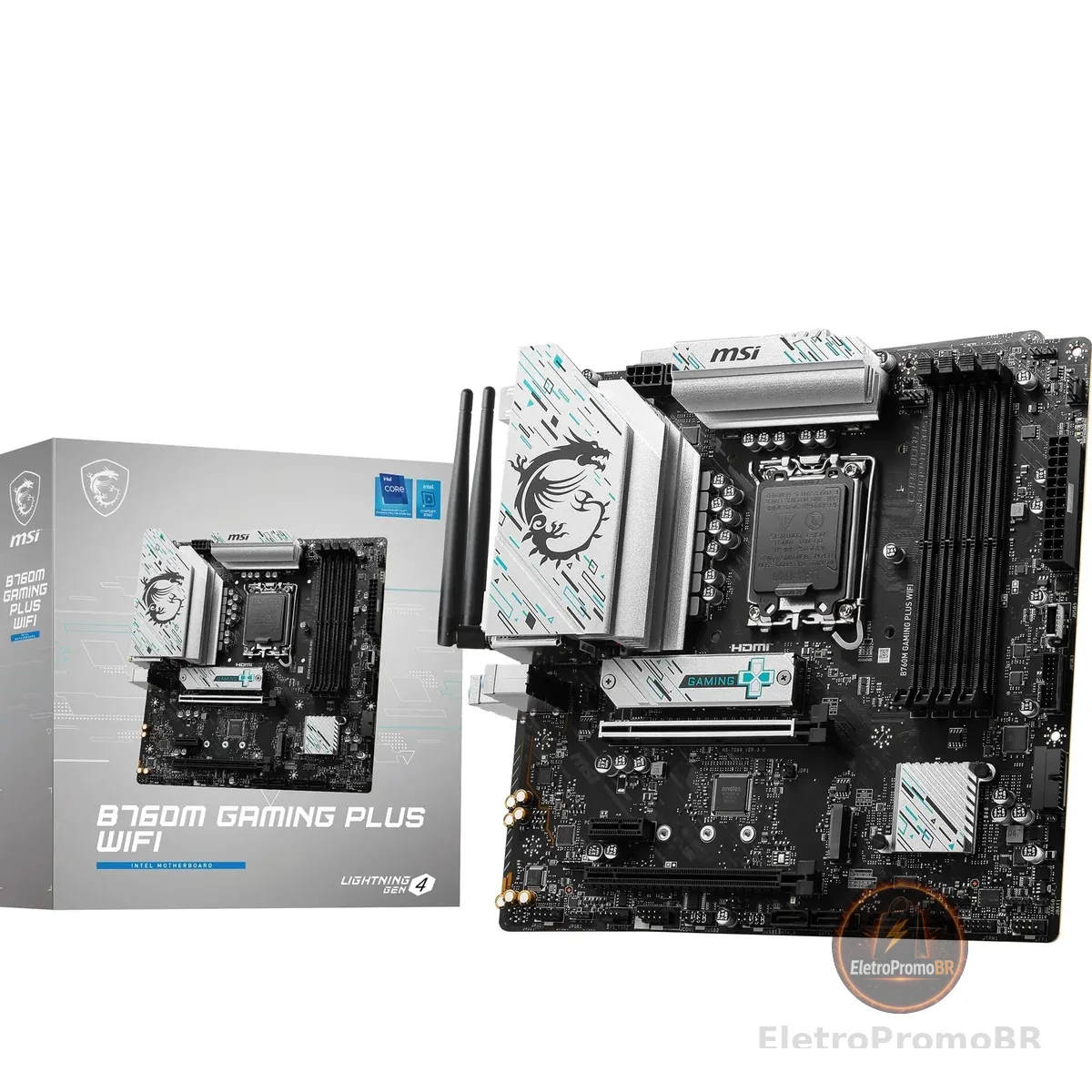 MSI B760M GAMING PLUS WIFI Placa Mãe LGA 1700 DDR5 M.2 USB 3.2 | Placa-mãe com Wi-Fi, suporte DDR5, LGA 1700 e armazenamento M.2 para sistemas de alto desempenho compatíveis.