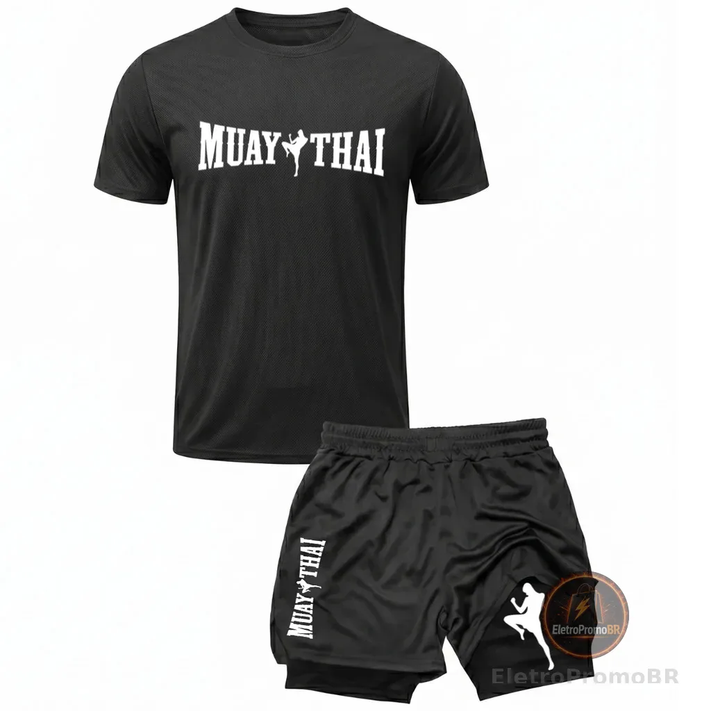 Kit Academia Camiseta Dry Fit Respirável + Short 2 Em 1 Luta Muay Thai