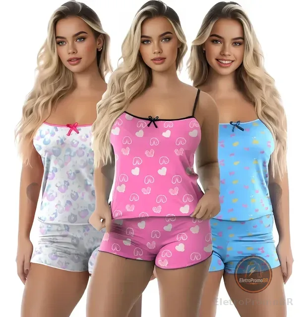 Kit 3 Baby Doll Conjunto Feminino Pijama Microfibra Sortidos