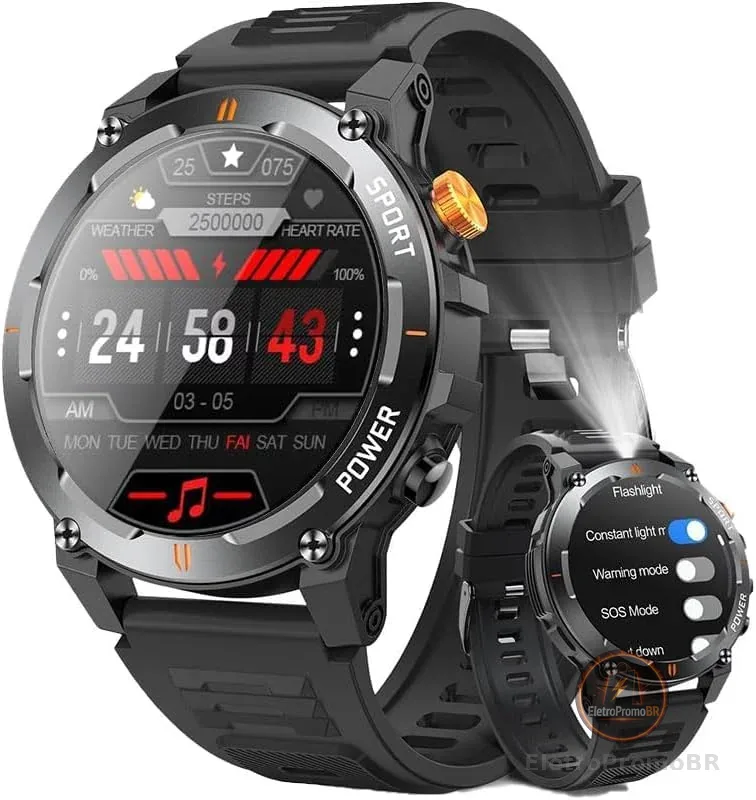 Relógio Inteligente Militar Masculino com Luzes de Emergência, Tela HD de 1.52", 20 Dias de Chamadas Bluetooth, Bateria 500mAh, Lanterna, Bússola, Esportes ao ar Livre Smartwatch para iOS e Android