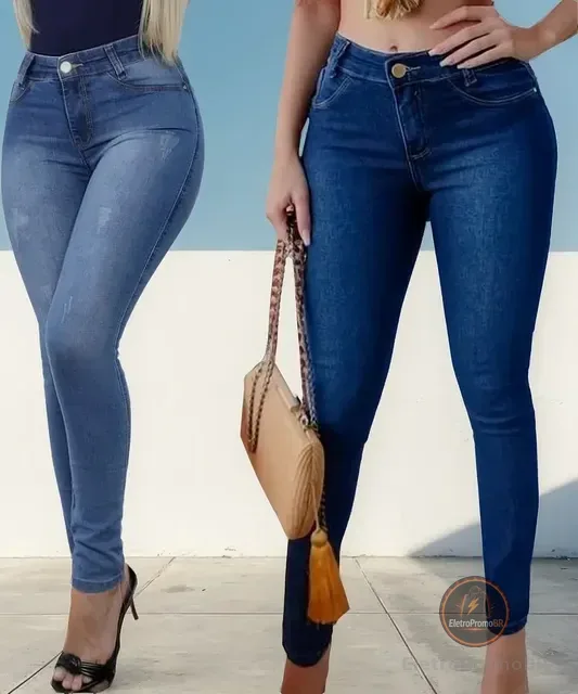 Kit 2 Calças Jeans Cós Alto Com Lycra Roupas Femininas