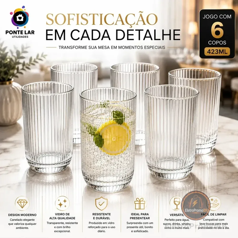 Jogo 6 Copos Vidro Canelado 423ml Moderno Elegante Premium Vinho Água Suco Drinks Gin Whisky Jogo Copos Taça Copo Conjunto Design Luxo Texturizado Cozinha Restaurante Decoração - Ponte Lar Utilidades