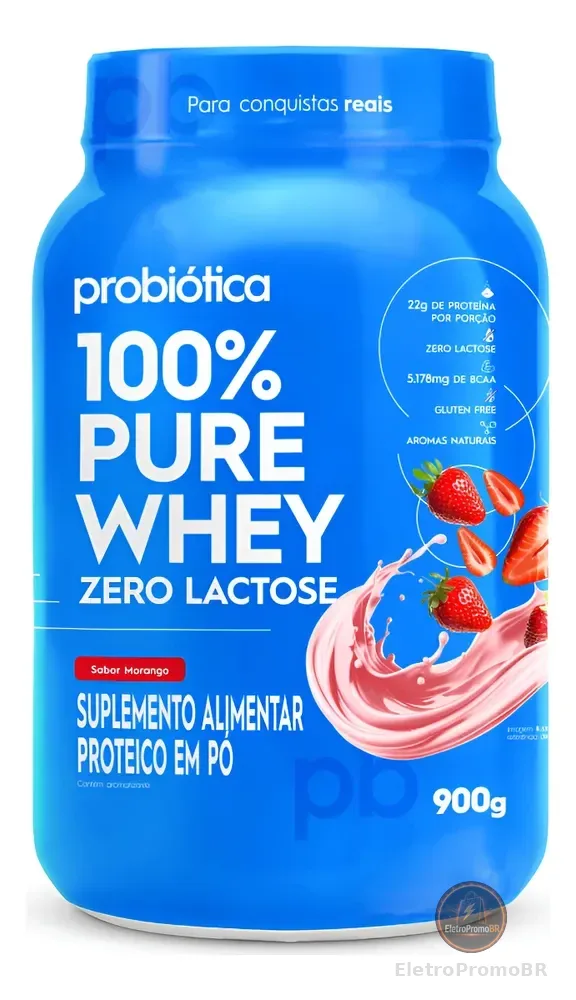 Whey Protein 900g 100% Pure Whey Zero Lactose Whey Concentrado Sem Lactose Probiótica Morango