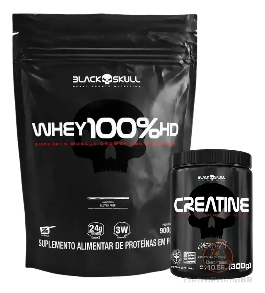 Kit Black Skull: Whey 100% Hd Refil Cookies & Cream 900g + Creatina Monohidratada 300g