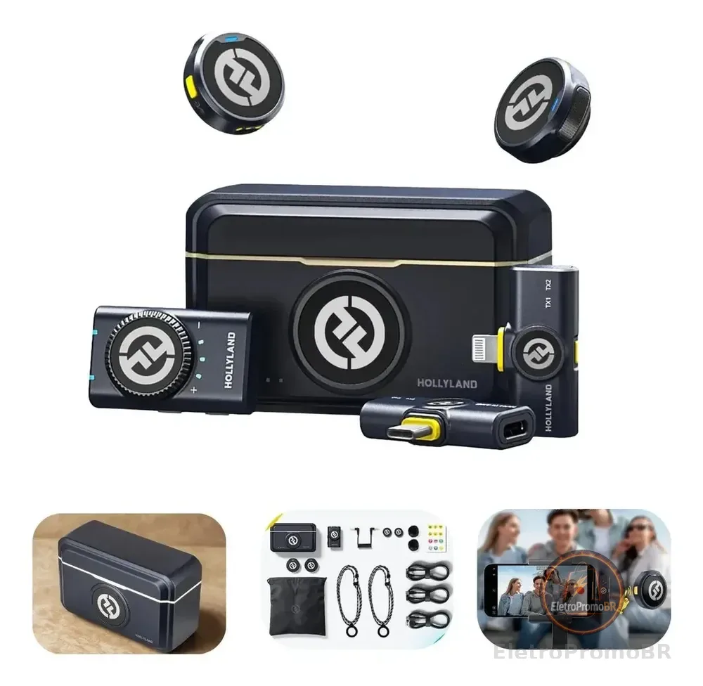 Microfone Lapela Duplo Hollyland Lark M2 Combo Usb C Câmera Preto