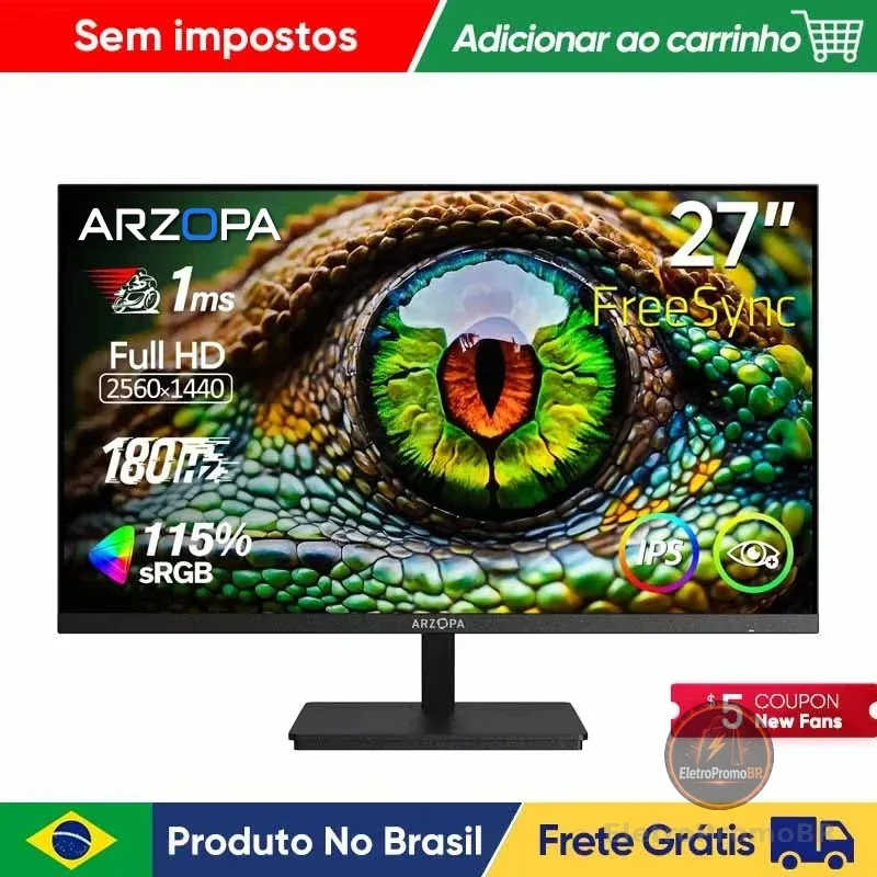 Novo Monitor ARZOPA de 27 Polegadas, Monitor de Jogos 180Hz QHD 2K para PC, 2560*1440, Fast IPS, com Type-C, Modo Samsung DeX, FreeS