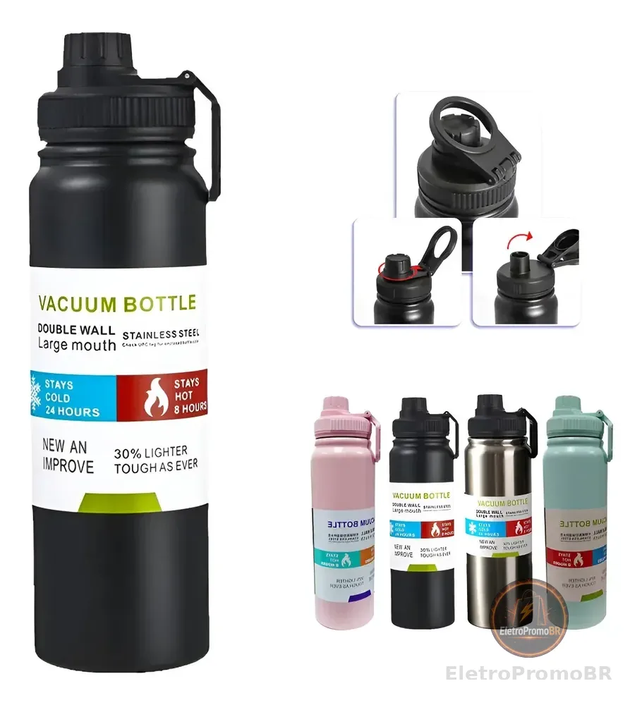 800mlgarrafa Térmica Água Squeeze Inox Academiaquente E Frio Preto