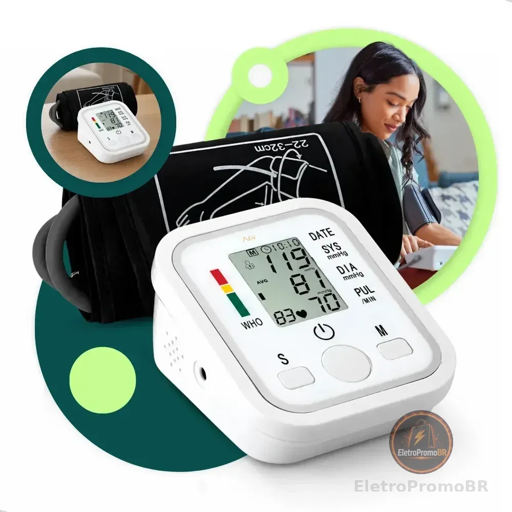 Aparelho Medidor de Pressão Arterial Aferidor Monitor Digital Uso Doméstico Automático Residencial Pressão De Braço Braçadeira Pulso Manguito Ajustável Memória Leitura Adultos Crianças Portátil Nixzen