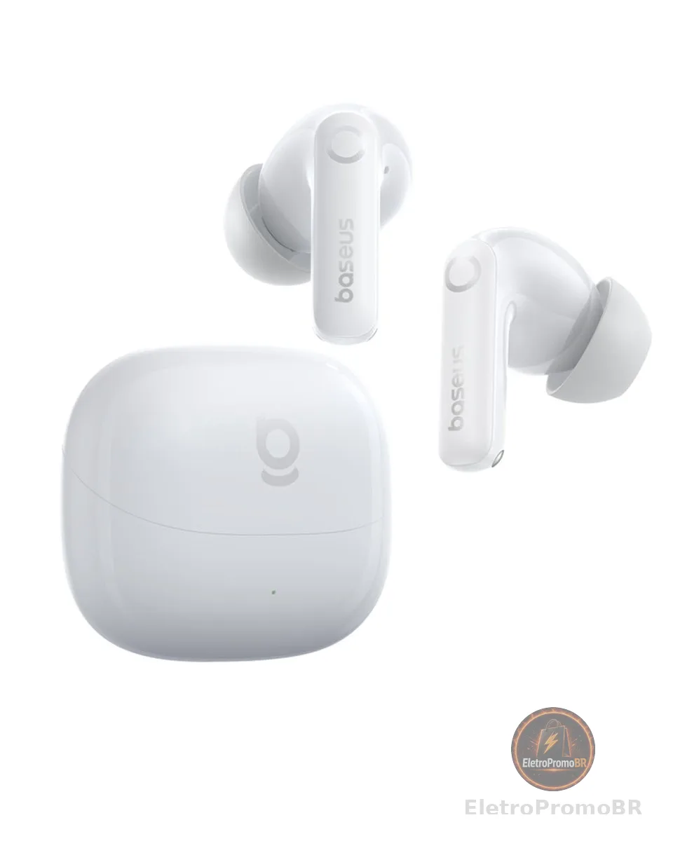 Fones de Ouvido Baseus Bass BP1 Pro Sem Fio com Cancelamento de Ruído, Cancelamento de Ruído Adaptativo em Tempo Real, EQ Ativo Adaptativo, 55H de Tempo de Reprodução, Bluetooth 6.0, Branco