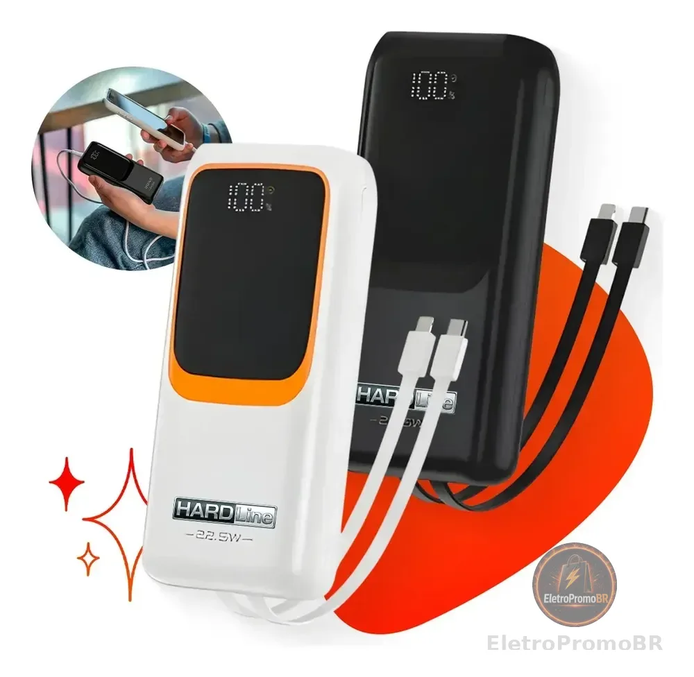 Carregador Portátil Power Bank Turbo 20000mah 22.5w Universal Para iPhone Samsung Motorlola Xiaomi Com Display Digital Preto ou Branco- Hardline
