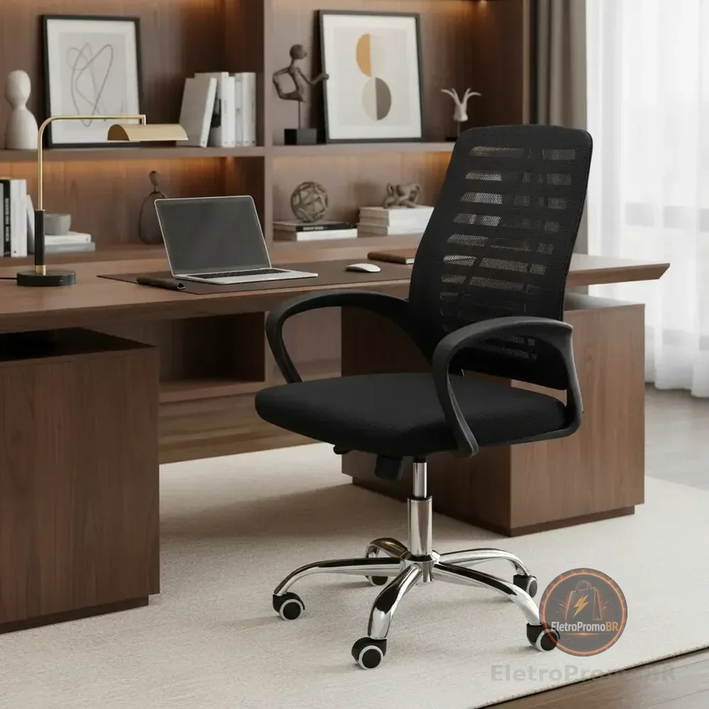 Cadeira Escritório Ergonômica Giratória Preta Perfil Casa Altura Ajustável Mesh