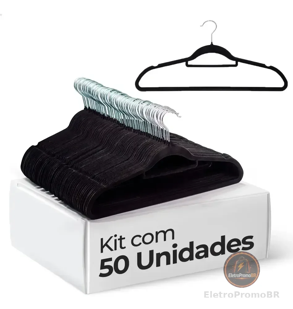 Vittak Kit 50 Cabides Veludo De Roupa Antideslizante Slim Adulto Cor Preto