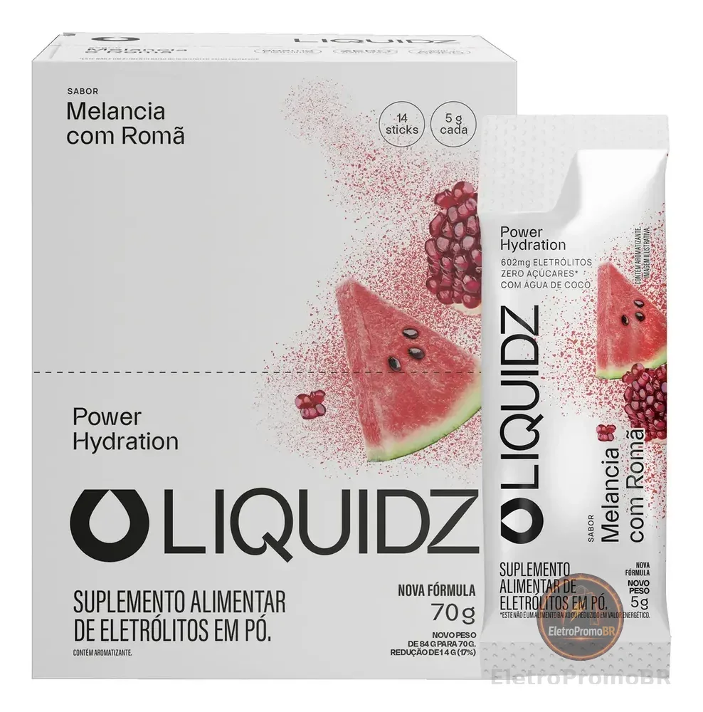 LIQUIDZ® - Eletrólitos Zero Açúcares - Sabor Melancia com Romã - Kit 1 Caixa - 14 sachês