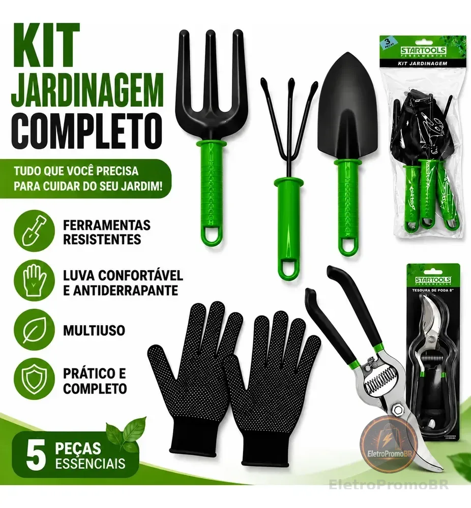 Kit Jogo Jardinagem Jardim Pá Tesoura Poda Luva 5 Peças