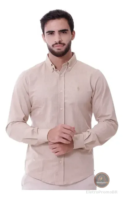 Camisa Oxford Manga Longa Polo Masculina Caqui