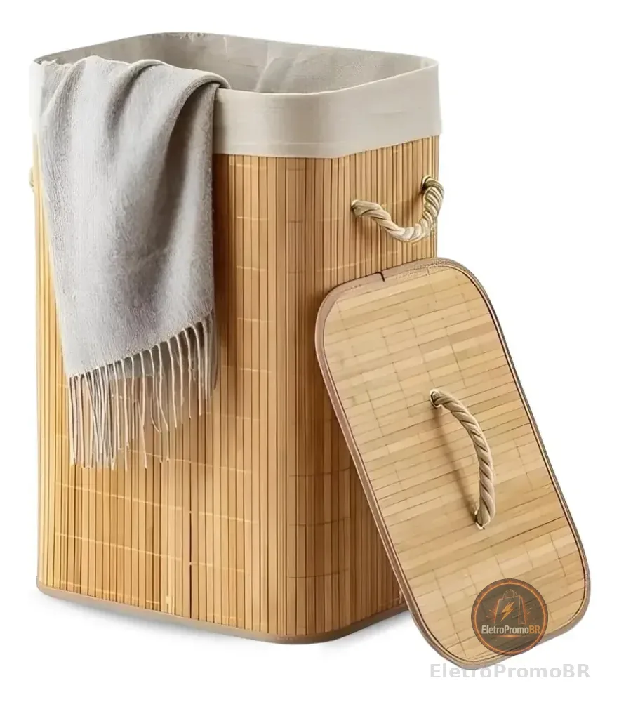 Eps-3903 Cesto Roupa Bambu Retangular Dobrável Com Tampa Alças 60l