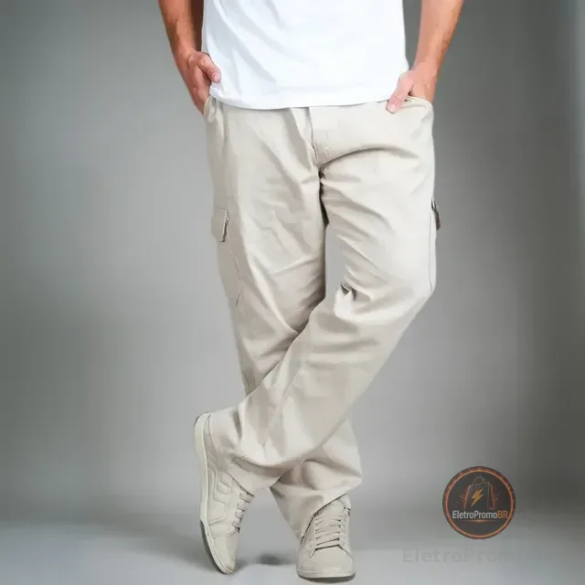 Calça Masculina Cargo Bege Streetwear Cordão 34 A 44 + Cores