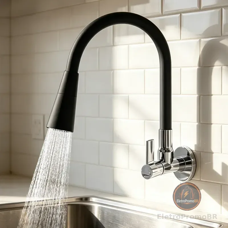 Torneira Cozinha Gourmet Parede - Preta/flexivel/duplo Jato Preto Brilhante