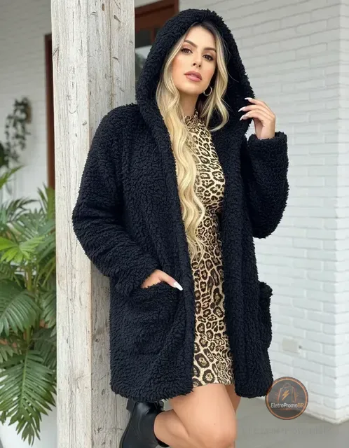 Casaco Sobretudo Teddy Com Bolso Capuz Forrado Pelo Inverno