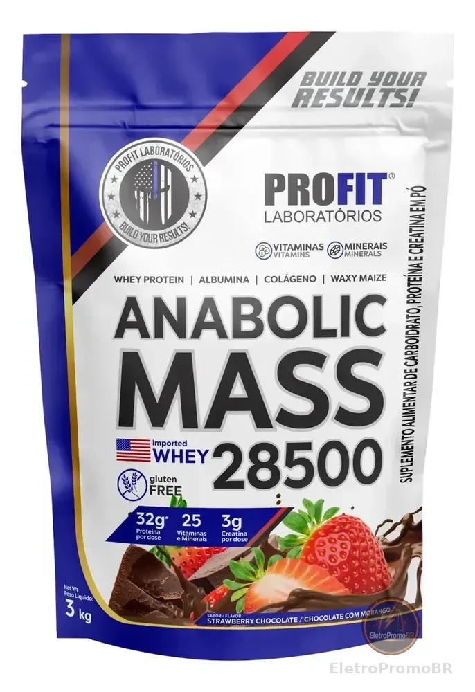 Hipercalórico Anabolic Mass 28500 3kg Profit Labs Sabor Chocolate com Morango