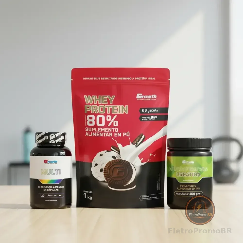 Kit Growth: Whey Protein Cookies And Cream 1kg + Multivitamínico 120 Cáps + Creatina 250g