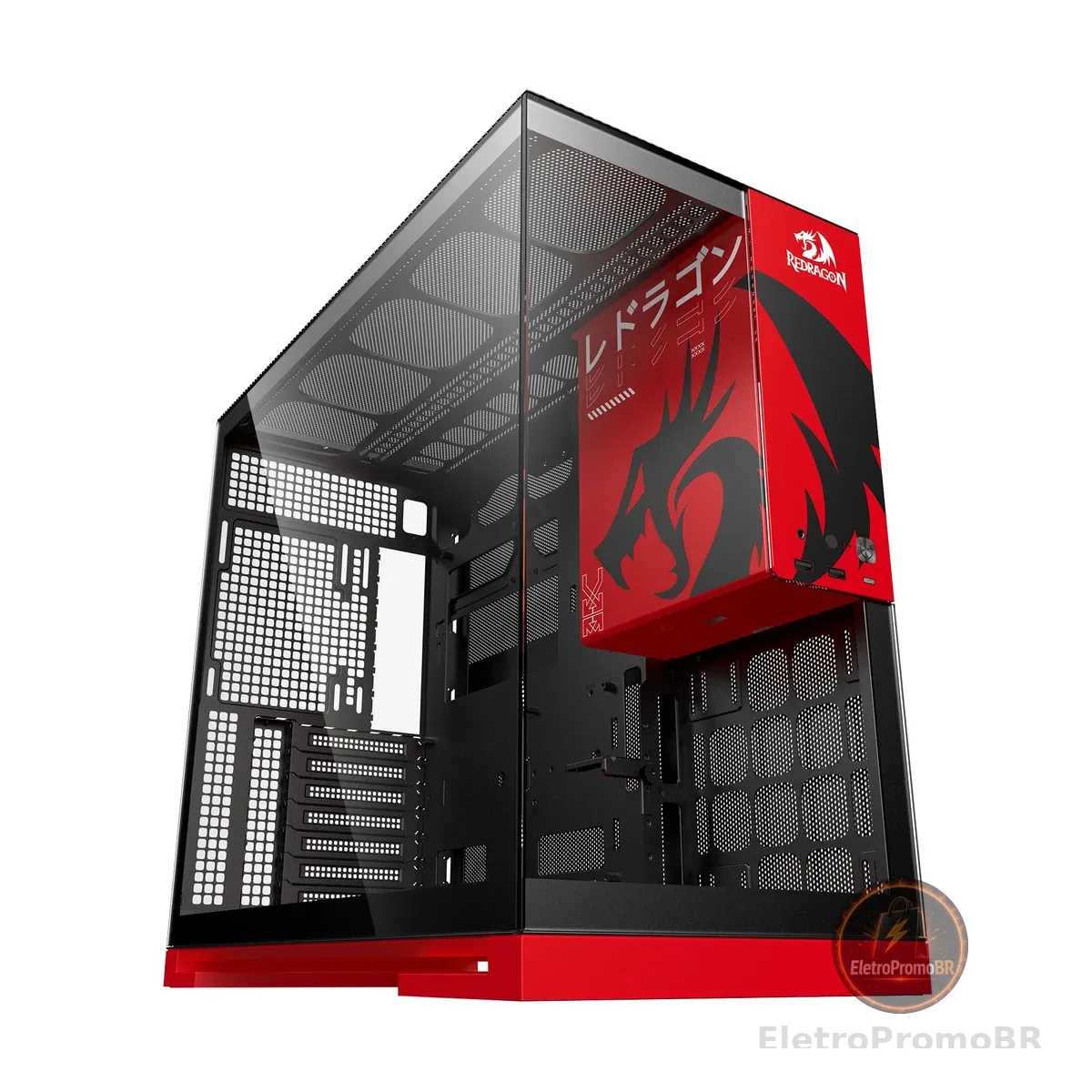 Gabinete Gamer Geometric Future Model 5 Redragon Spec Preto e Vermelho ATX Sem Fans Plataforma para Action Figures Painéis Vidro Temperado Duplo GEO-M5-RD