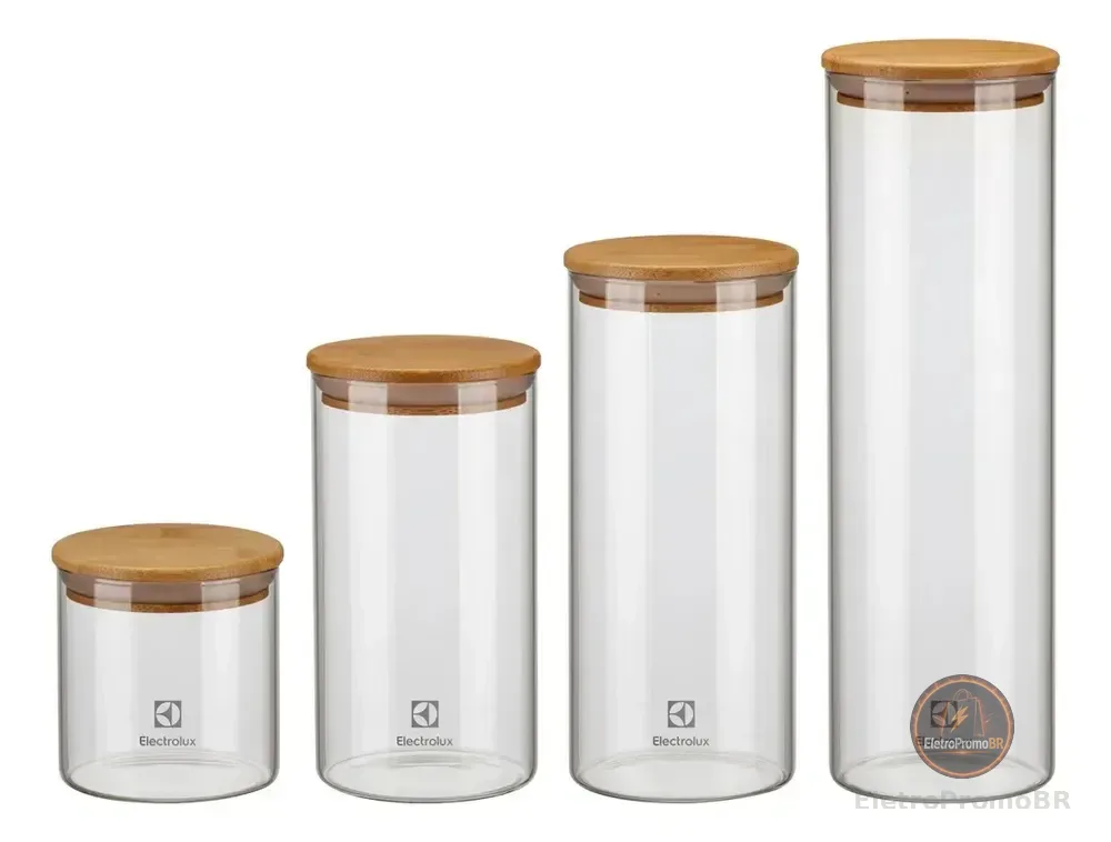 Electrolux Kit 4 Potes Herméticos de Vidro e Tampa Bambu com Vedação, Porta Mantimentos e Alimentos