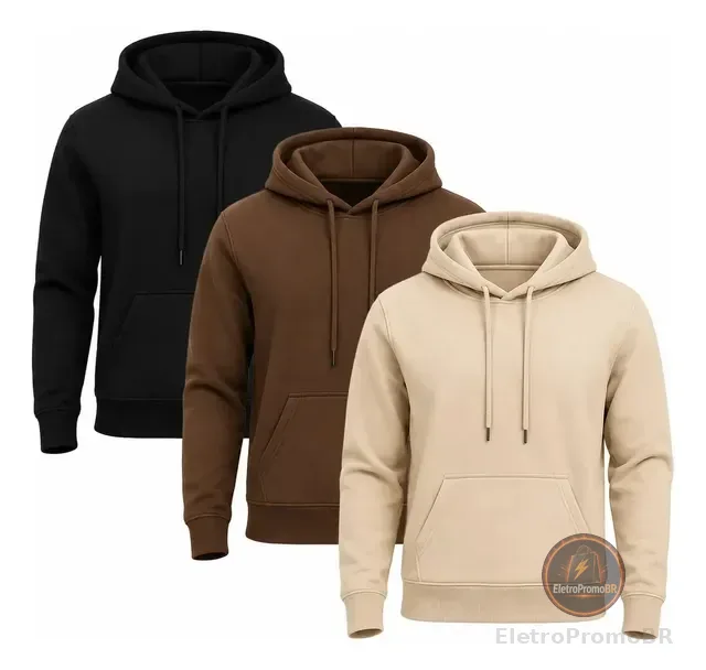 Kit 3 Moletom Blusa De Frio Com Capuz Agasalho Canguru