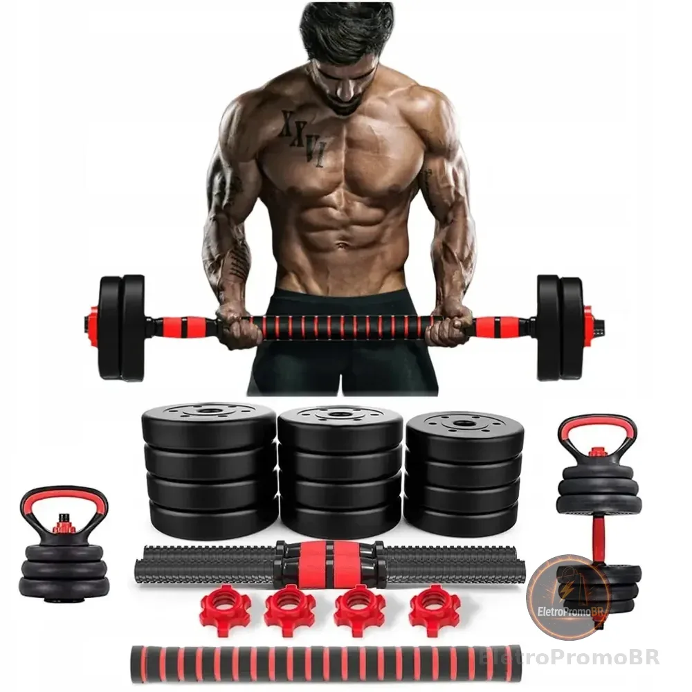 Kit Halteres Barra E Anilhas Musculação Kettlebell Ajustáveis Peso Academia 15kg
