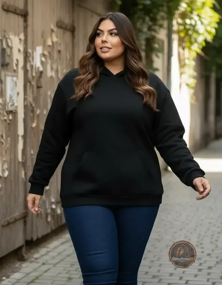 Blusa Moletom Plus Size Capuz Inverno Bolso Cang Flanelado G2 Preto Liso