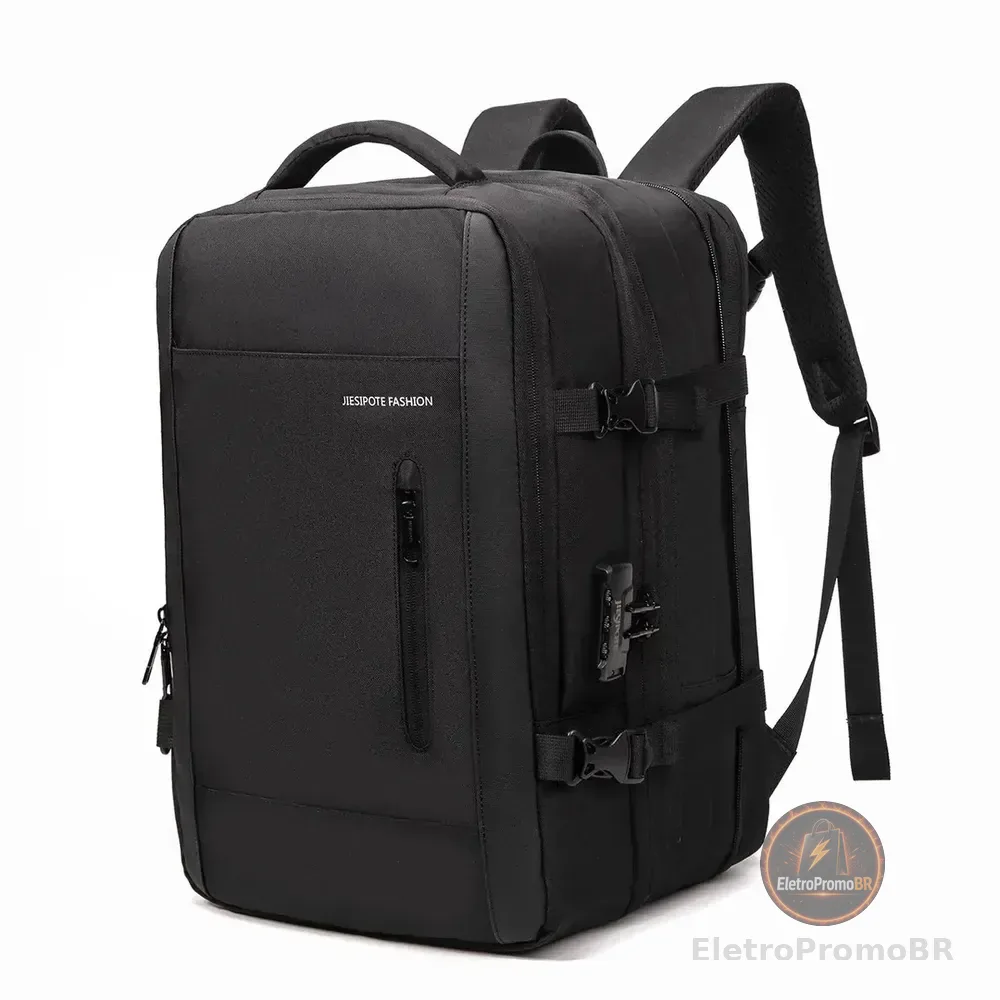 Mochila para computador masculina, com fecho de senha, capacidade expansível de 25-40L, impermeável, reforçada, com espaço para notebook e porta USB, ideal para viagens e deslocamentos diários.