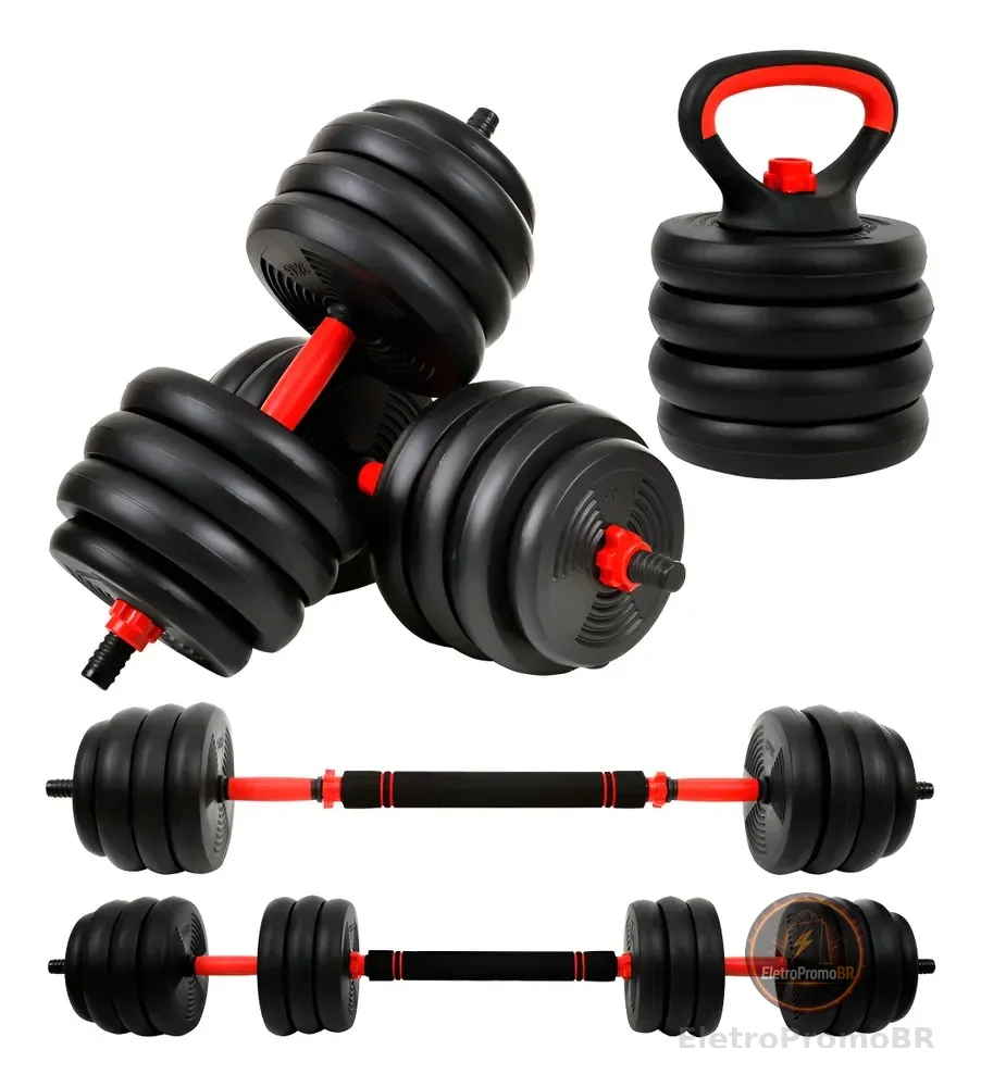 Kit 6 em 1 Halteres e Anilhas Ajustáveis Kettlebell Fit Cor Preto Sagatini 15kg